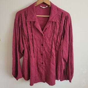 Kleen Silk Linen Button Down Long Sleeve Shirt Velvet Detail Red M Medium